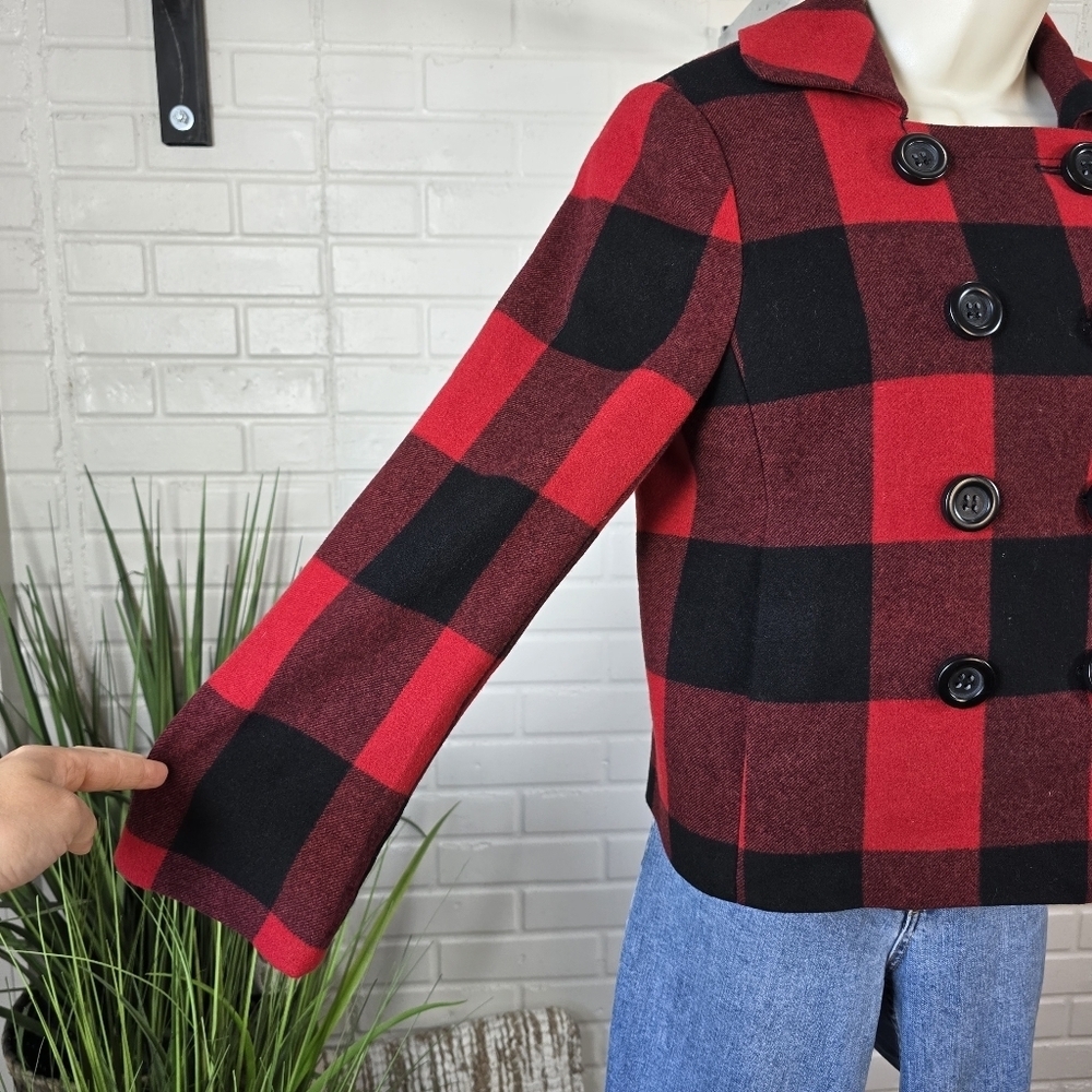 J. Crew Red Buffalo Plaid Double Breasted Cropped Pea Coat Jacket Small Or 6 - Picture 12 of 13